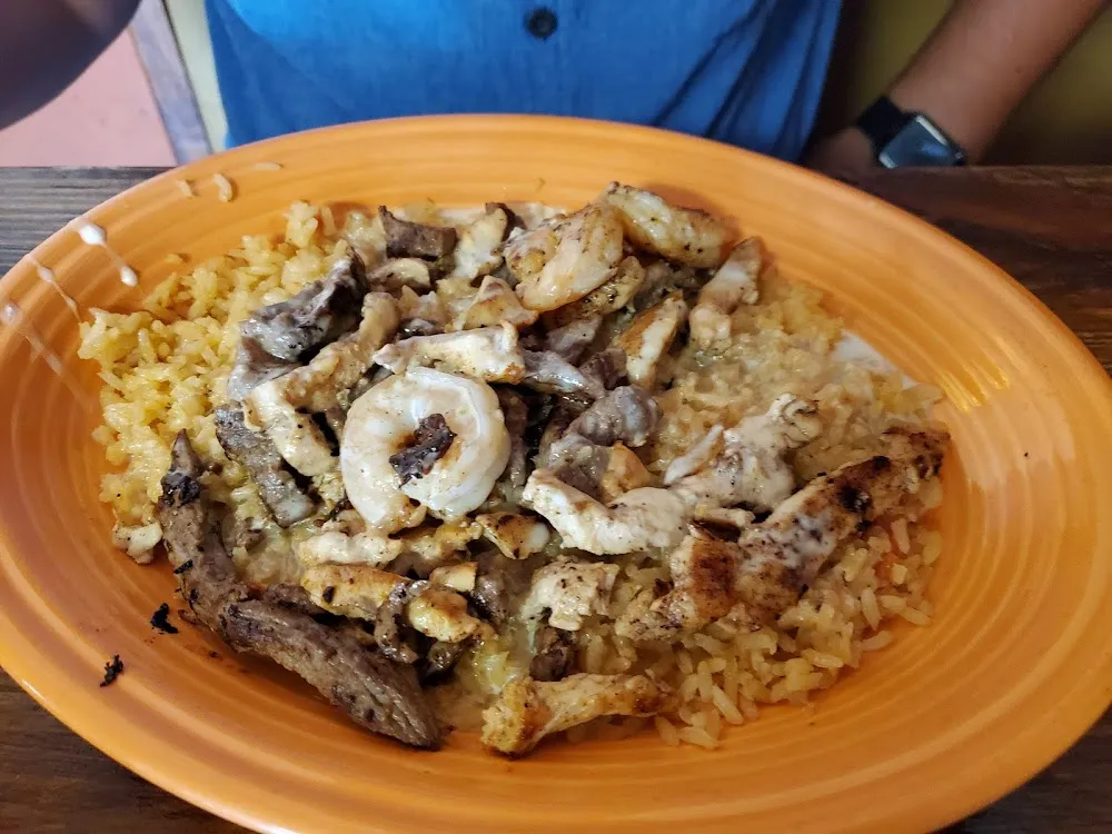 Cheesy Rice with Chicken Steak and Shrimp